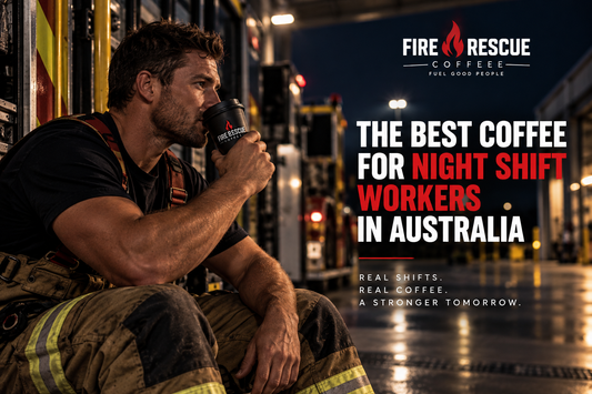 Night shift worker drinking Fire Rescue Coffee in Australia