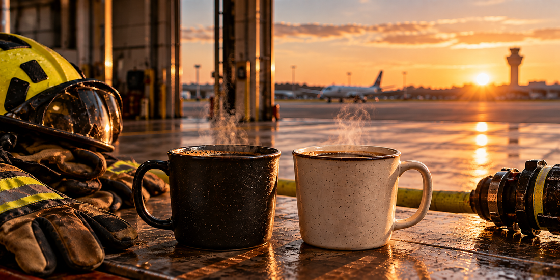 Two cups of coffee with airport firefighting gear at sunrise
