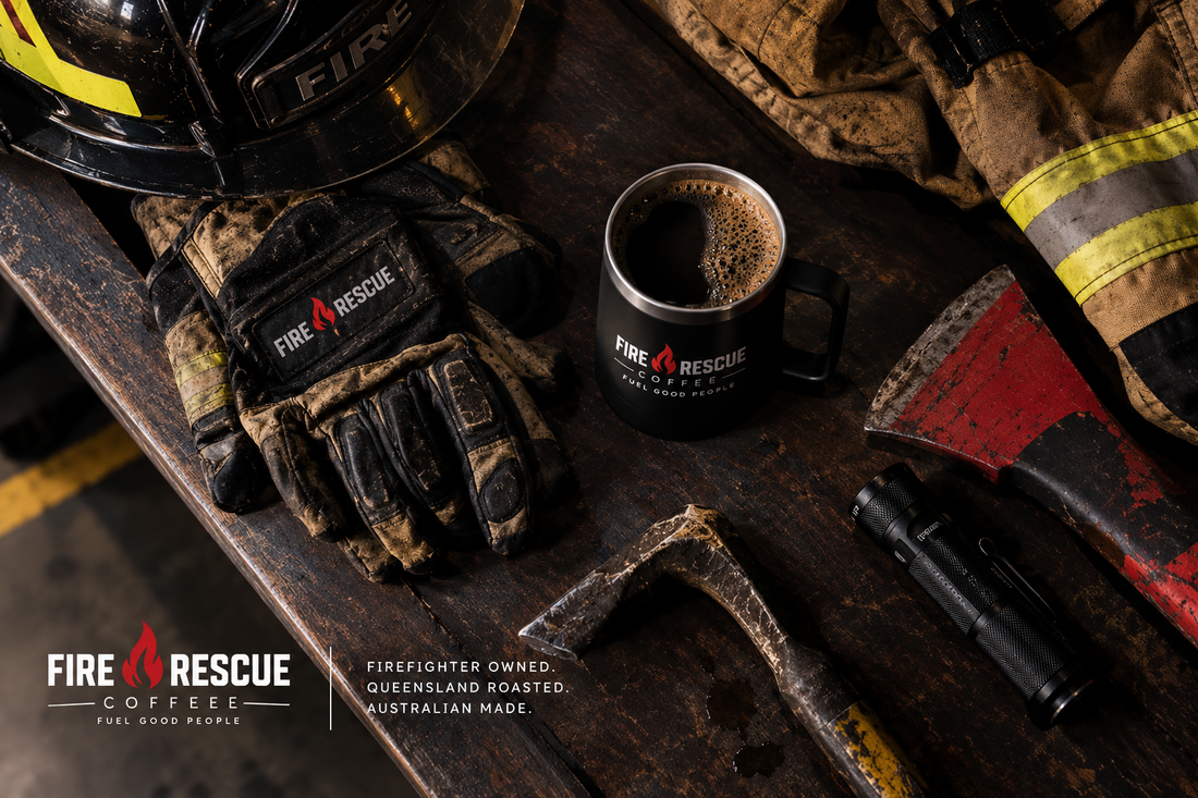 Firefighter gloves, tools and Fire Rescue Coffee on a station workbench