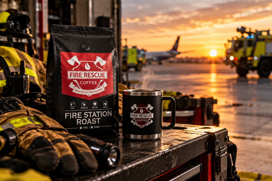 Coffee and firefighting gear at the start of an early shift