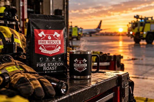 Coffee and firefighting gear at the start of an early shift