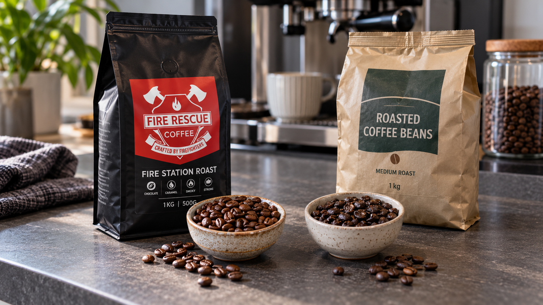 Freshly roasted Fire Rescue Coffee beans compared with supermarket coffee beans on a kitchen counter