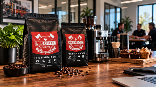 Fire Rescue Coffee Fire Station Roast bags on a workplace coffee counter with an espresso machine