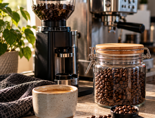 Airtight jar of coffee beans beside a grinder and espresso cup in a home kitchen
