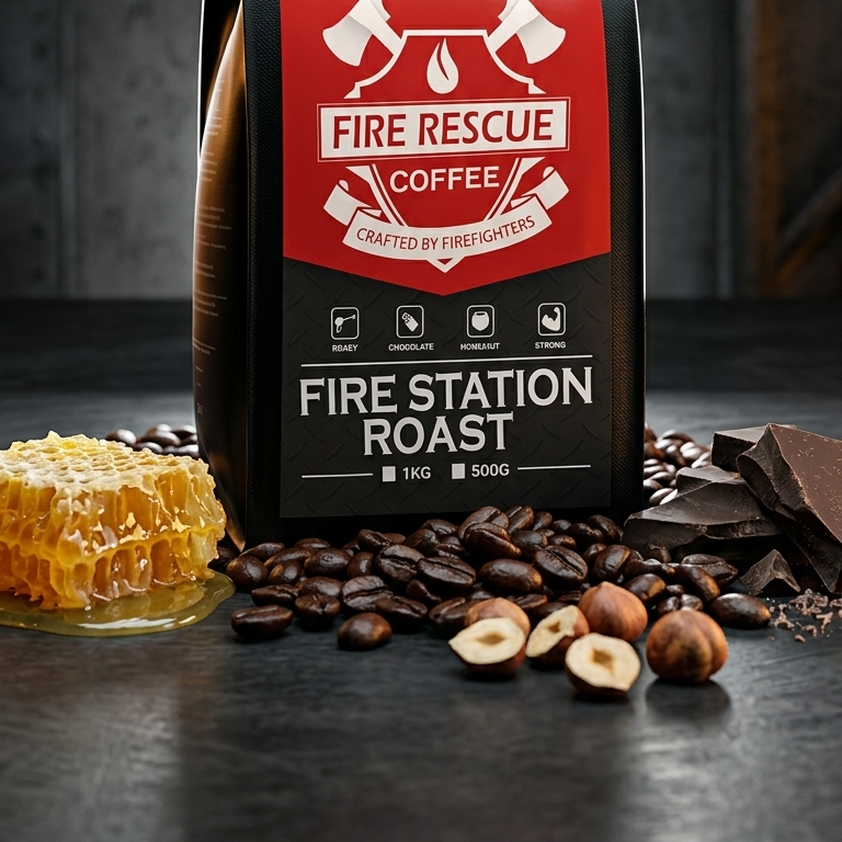 Fire Rescue Coffee bag with coffee beans and hazelnuts on a dark background