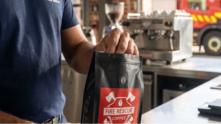 Man holding a bag of Fire Rescuer Coffee in a coffee shop setting